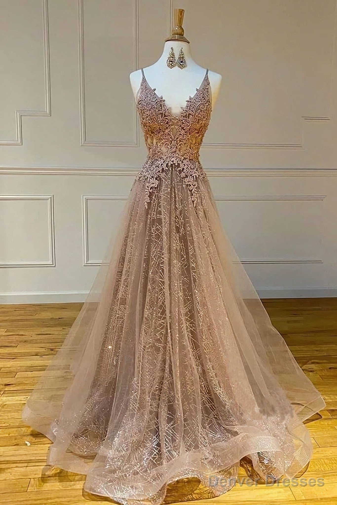 Sparkly Spaghetti Straps V Neck Lace Appliques Prom Dresses, Long Evening Dresses Main image