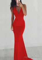 Jersey Prom Dresses Sheath/Column V-Neck Sweep Train With Pleated