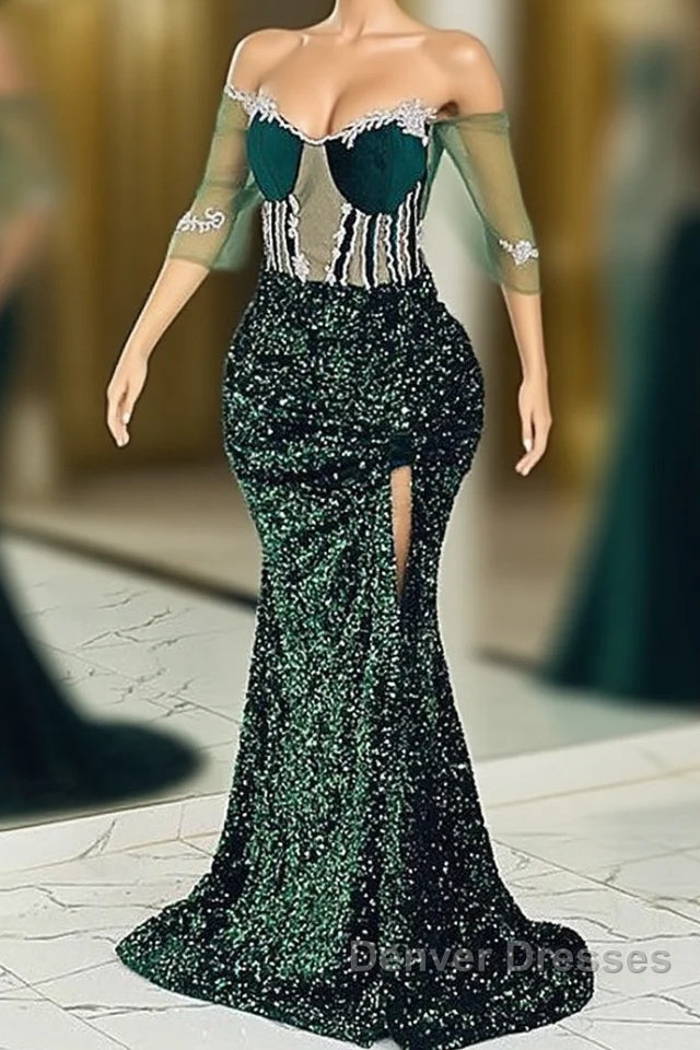 Jewel Mermaid Lace Applique Sequined Floor-length Half Sleeves High Split Prom Dress Main image