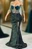 Jewel Mermaid Lace Applique Sequined Floor-length Half Sleeves High Split Prom Dress