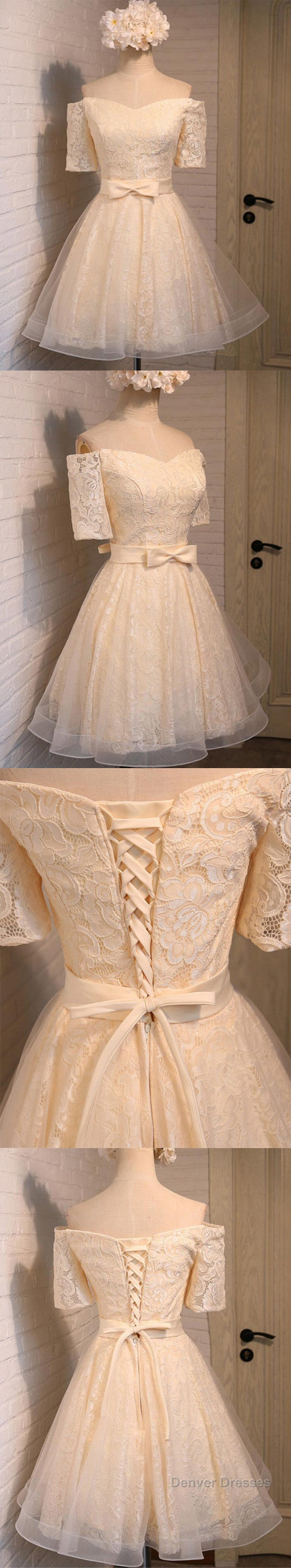 Junior Off Shoulder Half Sleeve Sweetheart Lace Up Back Organza Full Lace Knee Length Homecoming Dress Secondary image