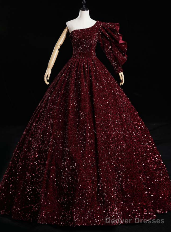 Just Be The One For You Burgundy Ball Gown Sequins One Shoulder Quinceanera Dress Main image
