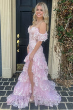 Sheath Off the Shoulder Long Lace Prom Dress (Lace-up Back)