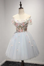 Knee-Length Light Blue Tulle Homecoming Dress With Appliques