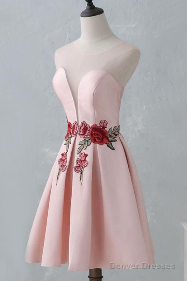Knee-Length Open Back Pink Satin Homecoming Dress With Appliques Secondary image