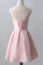 Knee-Length Open Back Pink Satin Homecoming Dress With Appliques