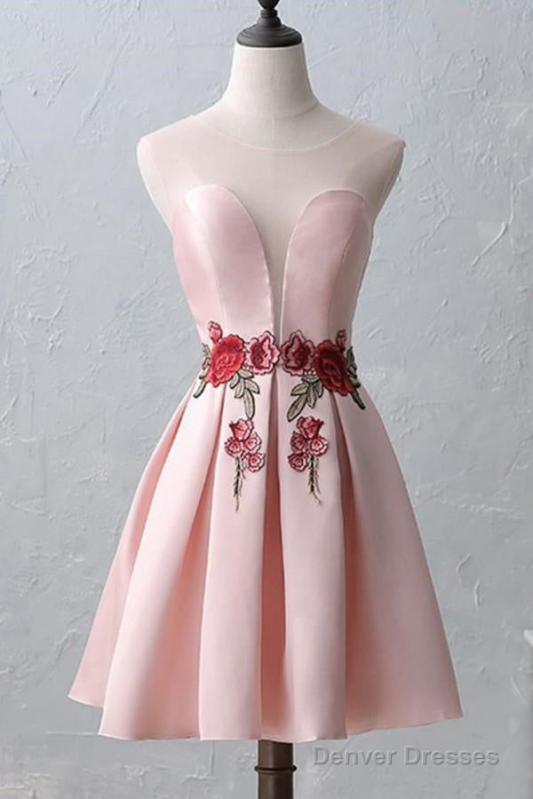 Knee-Length Open Back Pink Satin Homecoming Dress With Appliques Main image