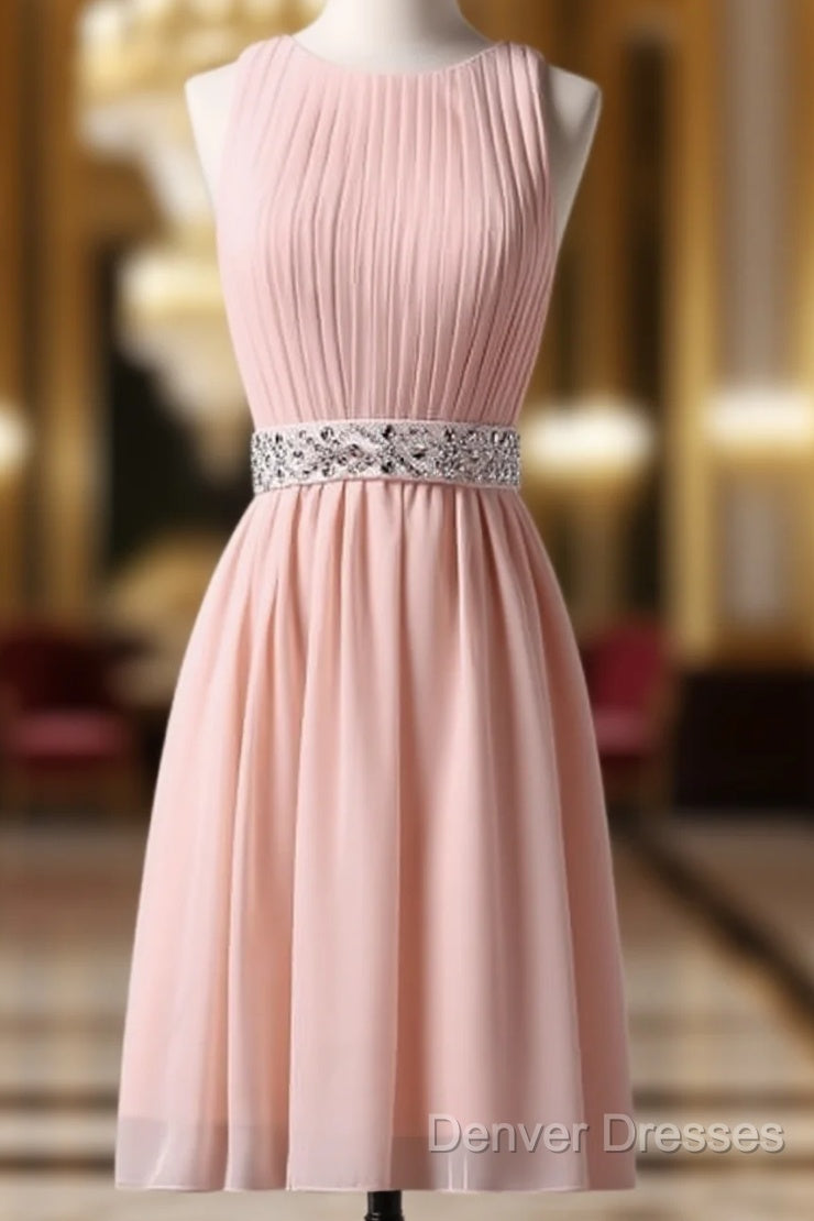 Knee-Length Sleeveless Pink Homecoming Dress With Beading Waist Main image