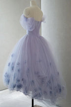 Lavender Off The Shoulder Tulle Homecoming Dress, Hi Lo Dress With Flowers