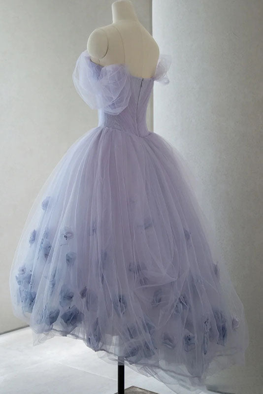 Lavender Off The Shoulder Tulle Homecoming Dress, Hi Lo Dress With Flowers