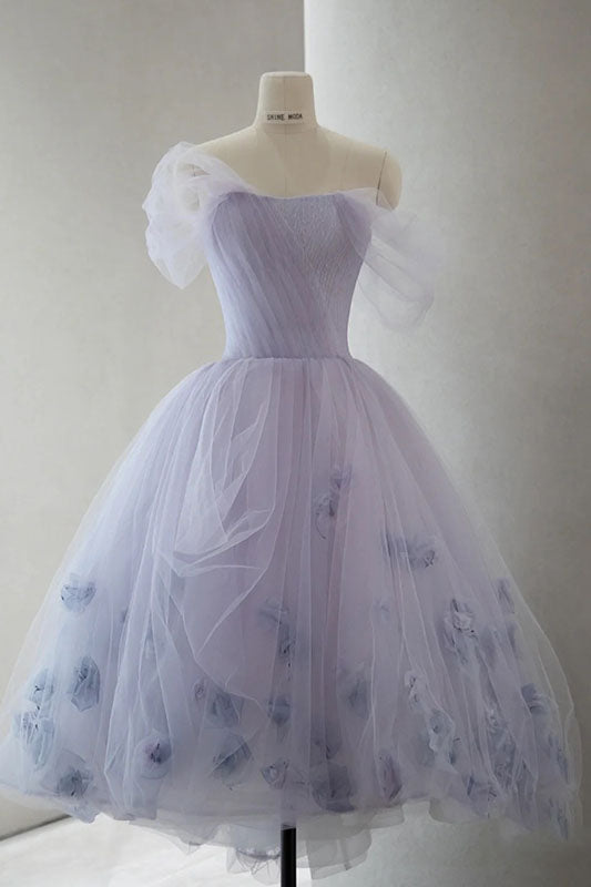 Lavender Off The Shoulder Tulle Homecoming Dress, Hi Lo Dress With Flowers