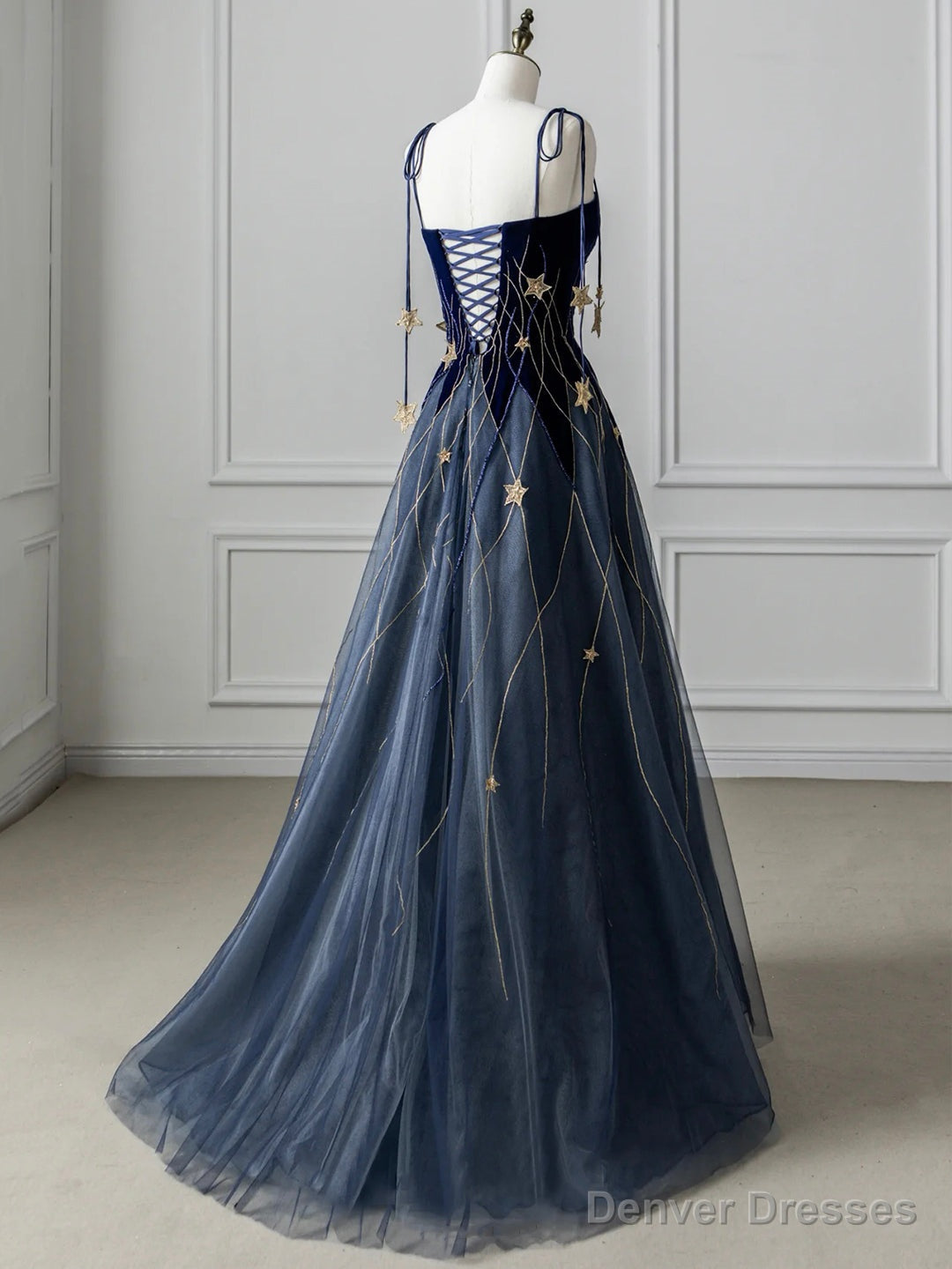 Blue Spaghetti Strap Velvet Long Prom Dress with Star, Blue Evening Dress Party Dress Secondary image