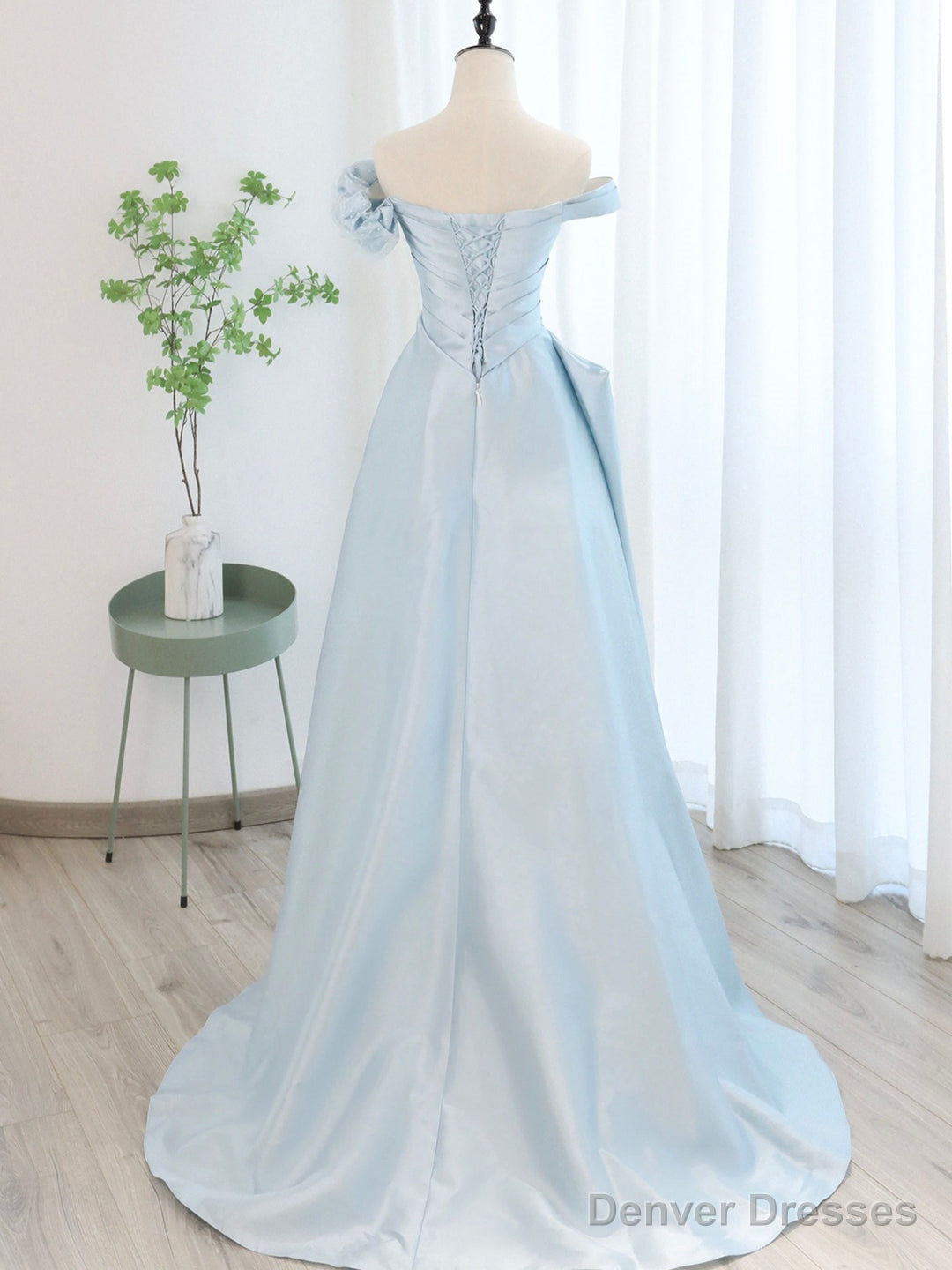 Blue Satin Tulle Long Prom Dress, Off Shoulder Formal Evening Dress