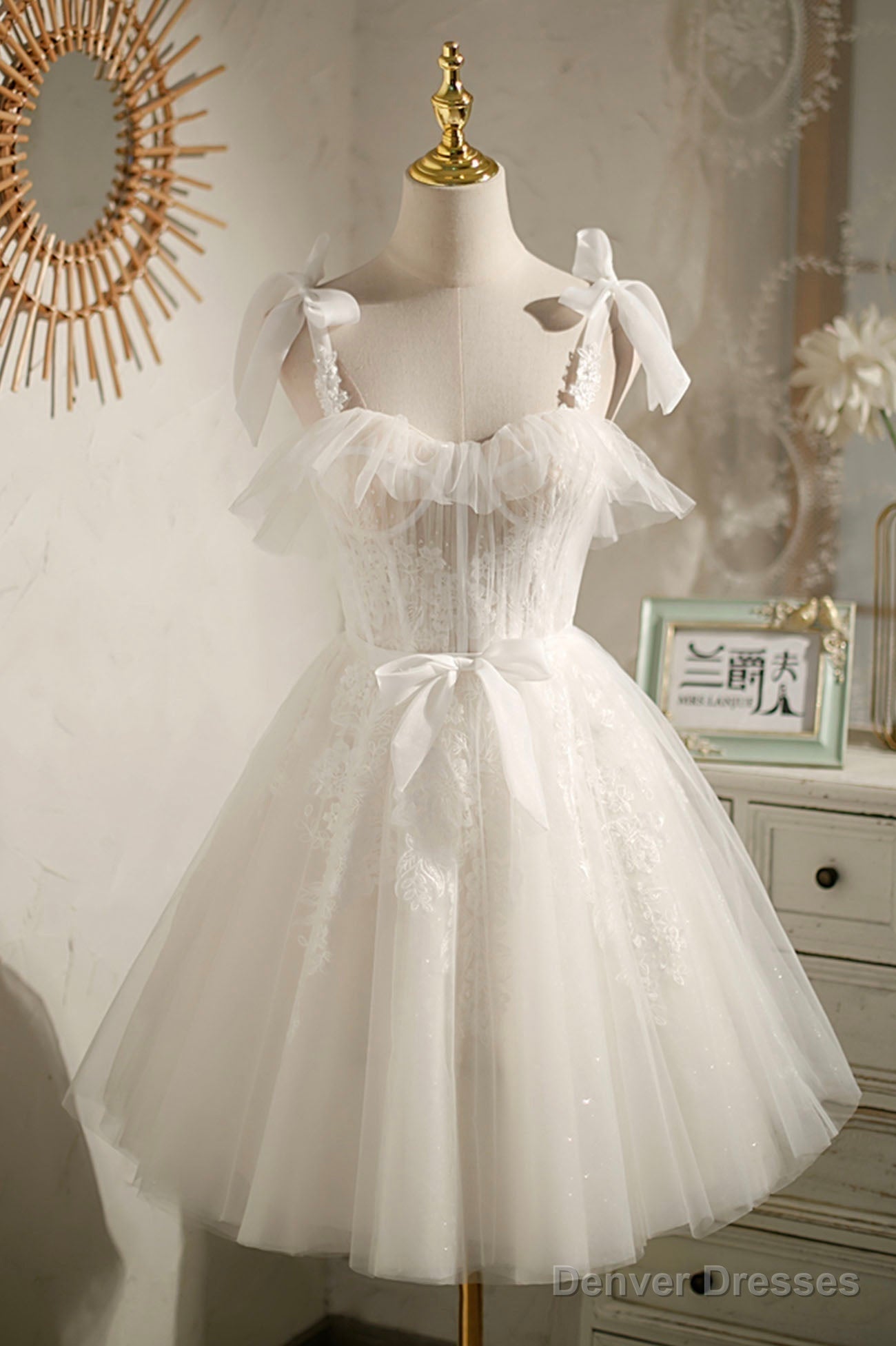 Champagne Tulle Lace Knee Length Prom Dress, Cute A-Line Party Dress Secondary image
