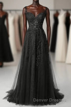 Black Sweetheart Tulle With Lace Long A-Line Prom Dress, Black Formal Dress