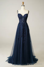 Navy Tulle and Lace Long Prom Dress, Lovely Spaghetti Strap Evening Dress