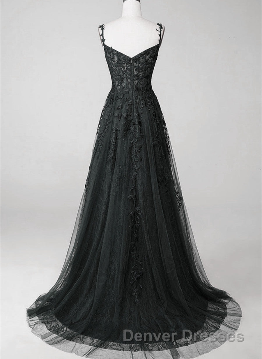 Black Sweetheart Tulle With Lace Long A-Line Prom Dress, Black Formal Dress Secondary image