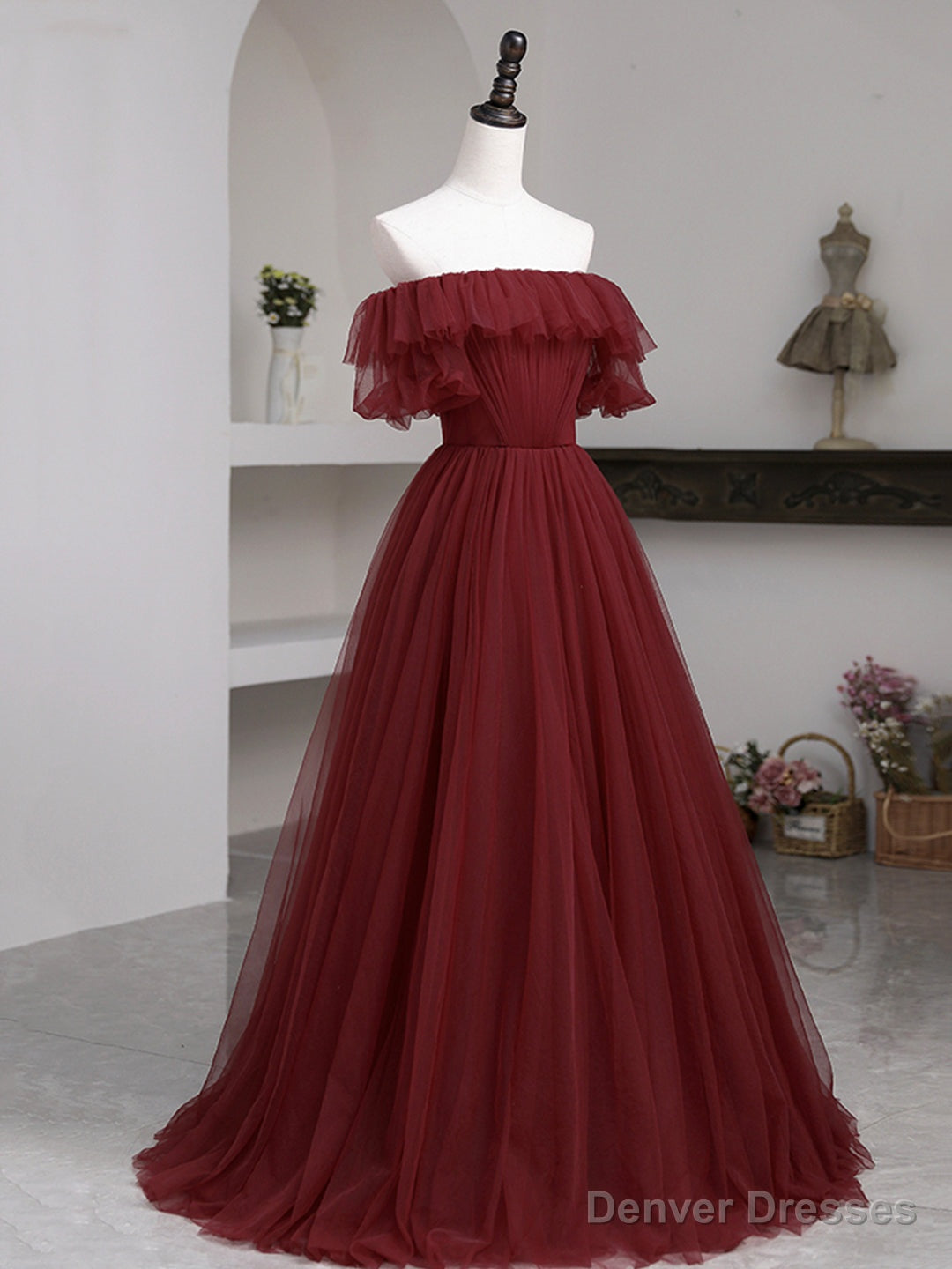 Burgundy Tulle Floor Length Prom Dress, Simple A-Line Evening Party Dress Main image