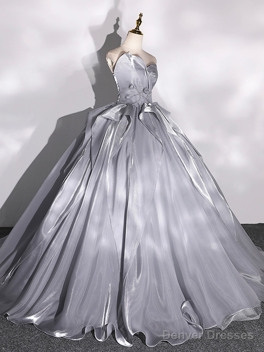 Gray Strapless Tulle Long Ball Gown, A-Line Evening Dress Formal Dress