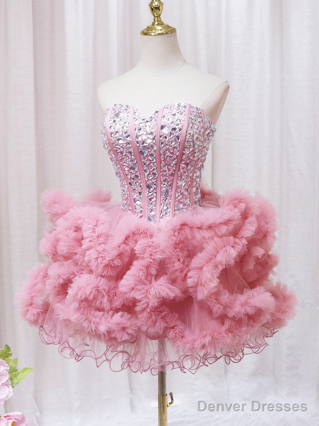 Pink Sweetheart Neckline Tulle Short Prom Dress with Rhinestones, Cute Party Dress Main image