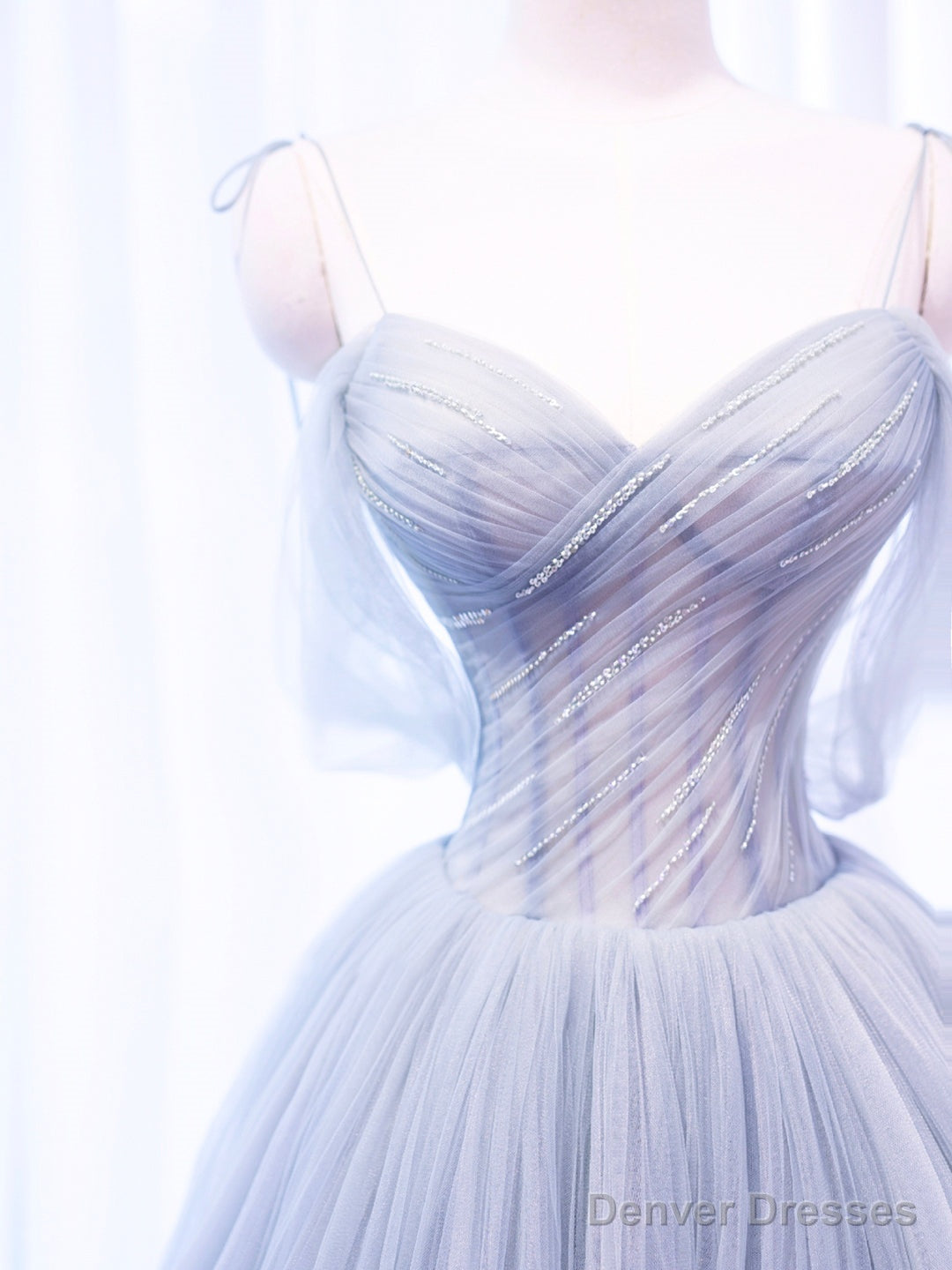 Gray Spaghetti Strap Tulle Long Prom Dress, Gray A-Line Evening Party Dress Secondary image