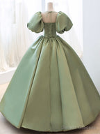 Green Satin Formal Evening Gown with  Puff Sleeve, A-Line Long Prom Dress