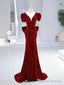 Mermaid Sequins Long Prom Dress, Burgundy V-Neck Evening Dress