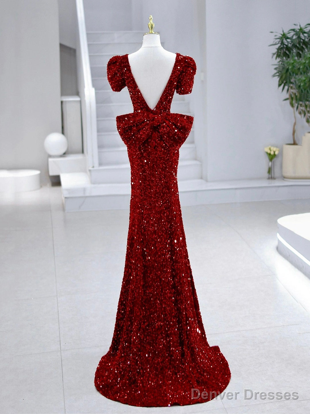 Mermaid Sequins Long Prom Dress, Burgundy V-Neck Evening Dress Main image