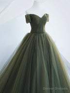 Green Tulle Long Prom Dress, A-Line Off Shoulder Evening Dress