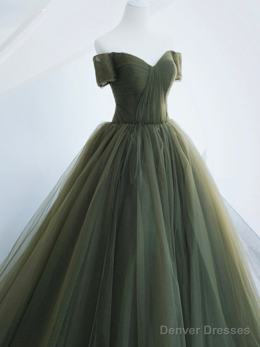 Green Tulle Long Prom Dress, A-Line Off Shoulder Evening Dress