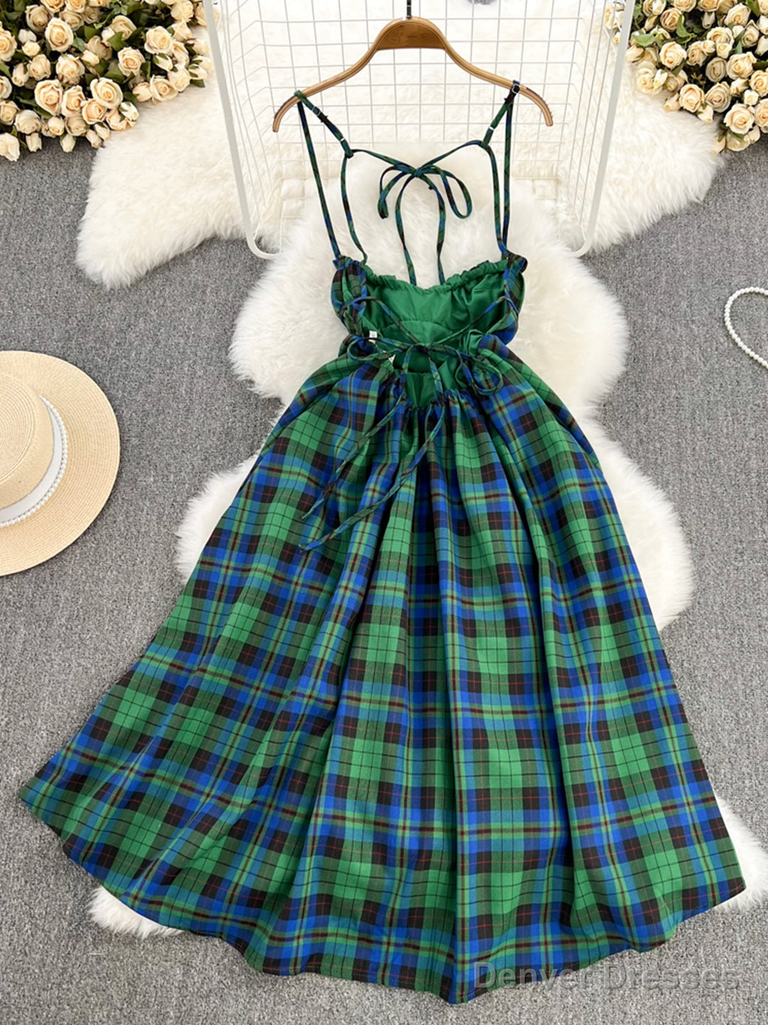 Lovely Green Plaid Halter Dress, A-Line Fashion Dress Secondary image