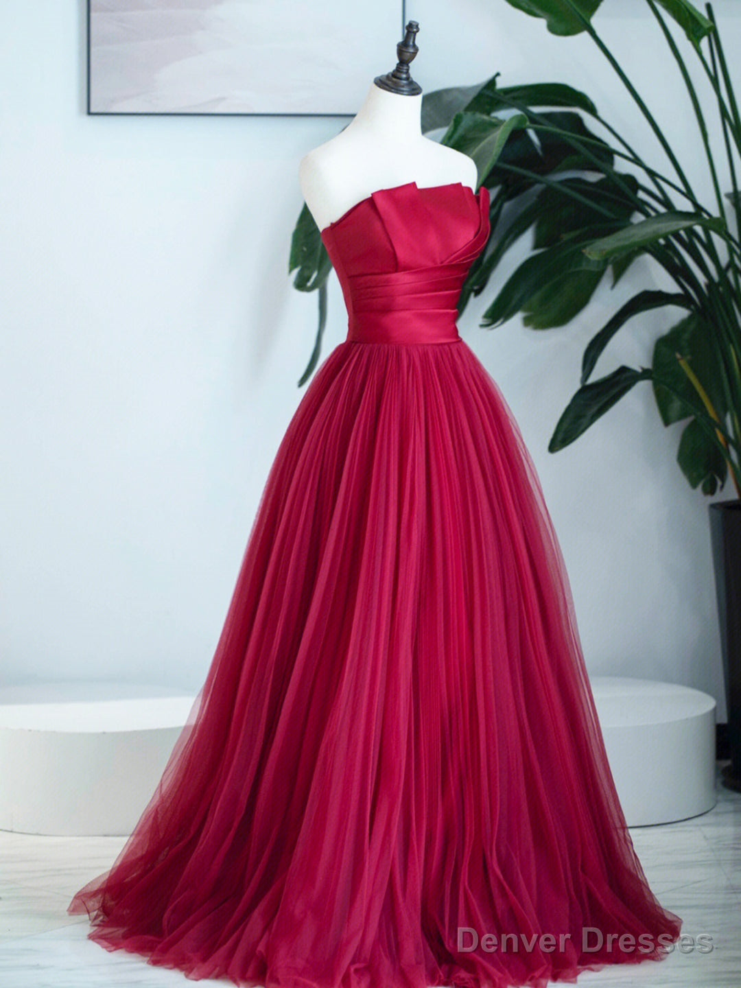 Burgundy Strapless Tulle Prom Dress, Burgundy Long Formal Dress Main image