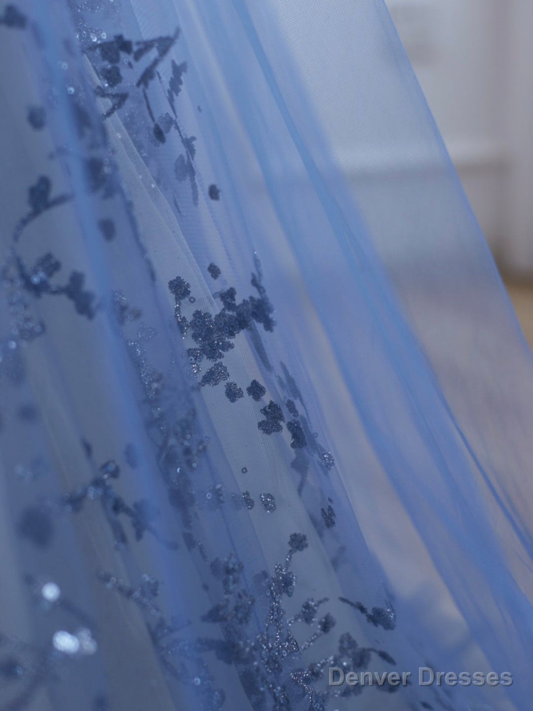 Blue Strapless Tulle Long Prom Dress with Beaded, A-Line Evening Formal Dress Secondary image