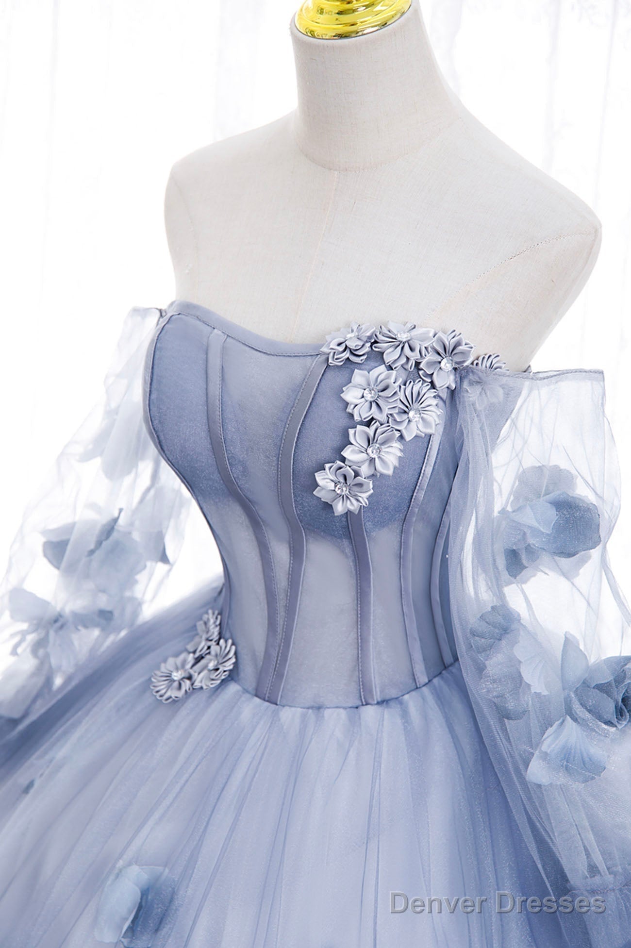 Blue Tulle Long Sleeve Prom Dress, A-Line Off the Shoulder Evening Gown Secondary image