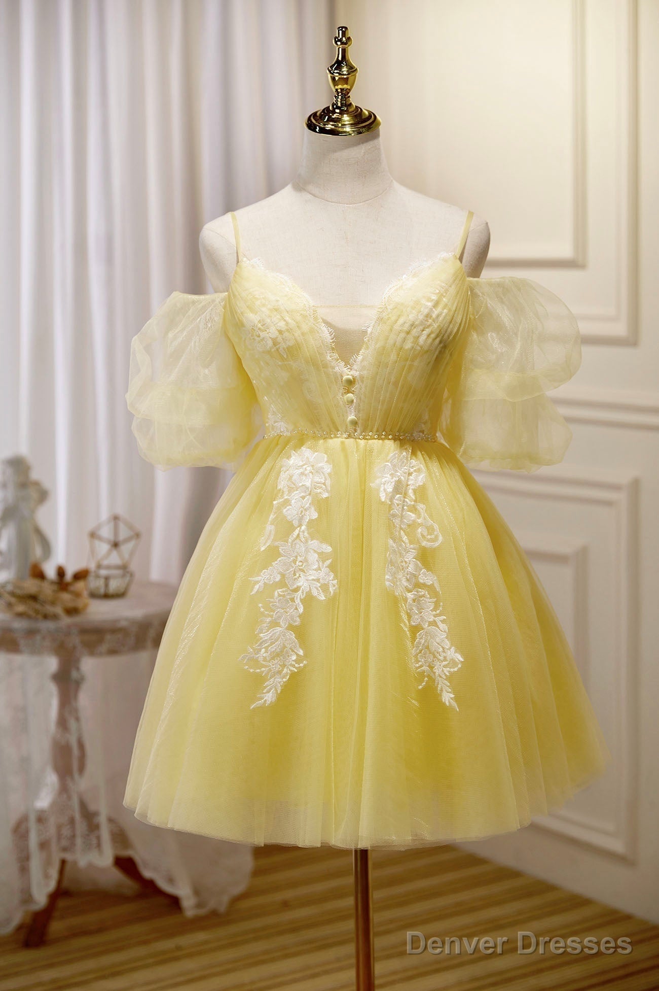 Yellow Lace Short Prom Dress, Off the Shoulder Homecoming Dress
