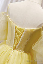 Yellow Lace Short Prom Dress, Off the Shoulder Homecoming Dress