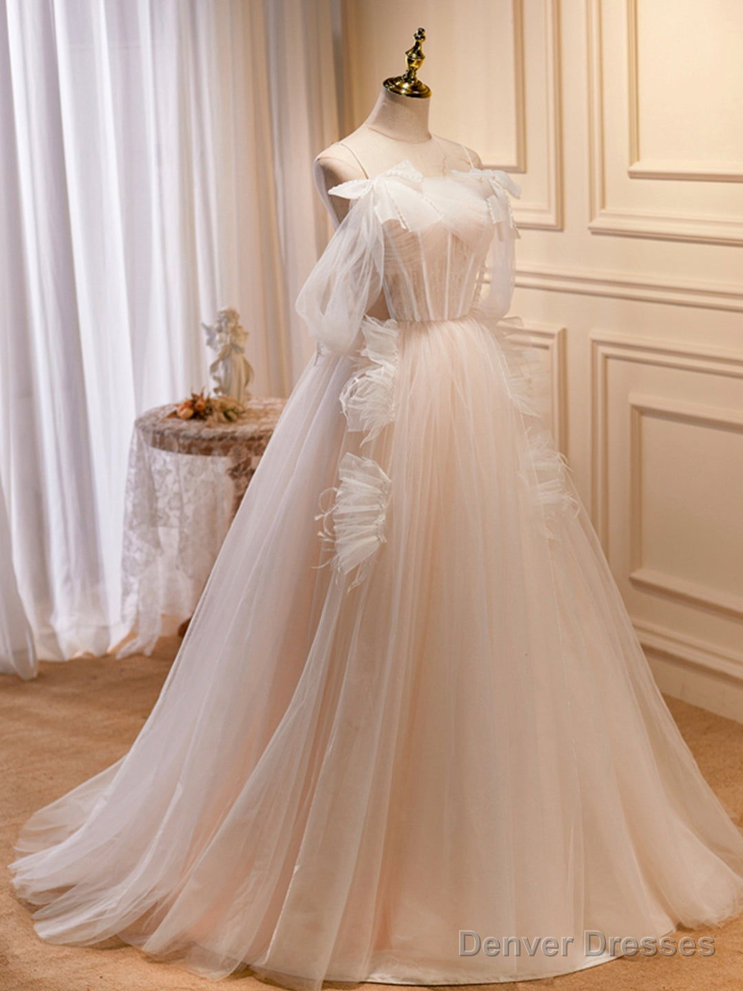 Champagne Tulle Long Prom Dress, A-Line Evening Dress with Bow Secondary image