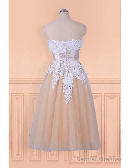 Lace Appliques Champagne Strapless Tea Length Wedding Dress