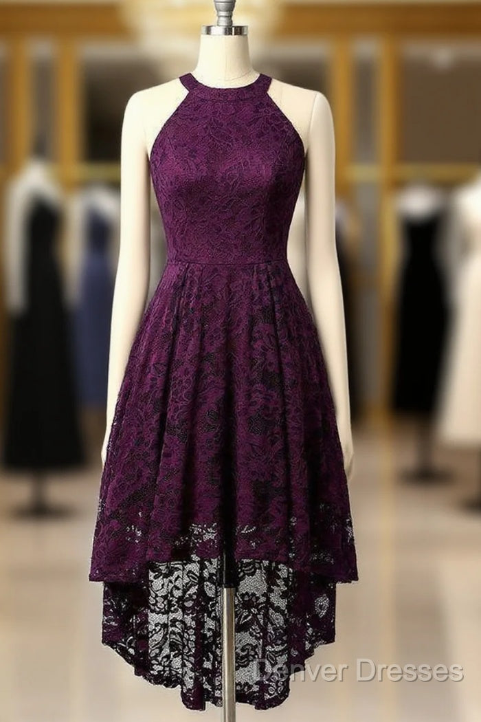 Lace Asymmetrical Halter Grape Lace Homecoming Dress Main image