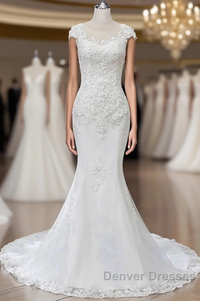 Lace Beaded Cap Sleeve Trumpet Wedding Dress Main image