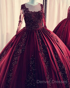 Lace Beaded Green Ball Gown Quinceanera Dress Long Sleeves Graduation Dress
