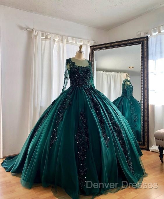 Lace Beaded Green Ball Gown Quinceanera Dress Long Sleeves Graduation Dress