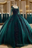 Lace Beaded Green Ball Gown Quinceanera Dress Long Sleeves Graduation Dress