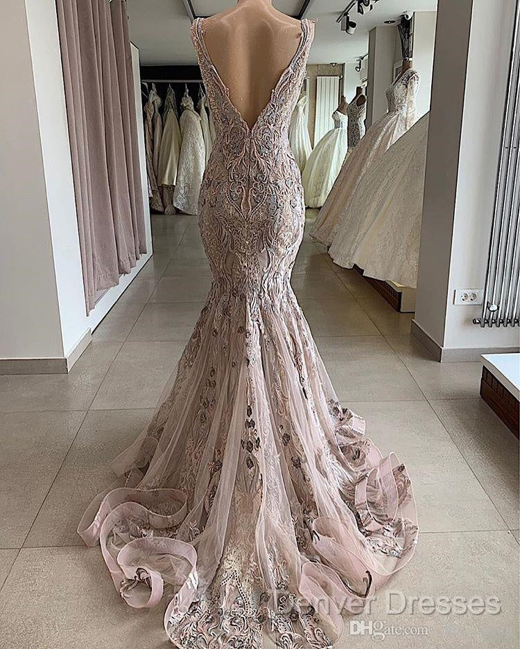 Lace Beaded Sexy African Dubai Evening Dress Mermaid Backless Prom Dress Deep V-Neck Formal Party Bridesmaid Pageant Gowns