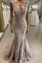 Lace Beaded Sexy African Dubai Evening Dress Mermaid Backless Prom Dress Deep V-Neck Formal Party Bridesmaid Pageant Gowns