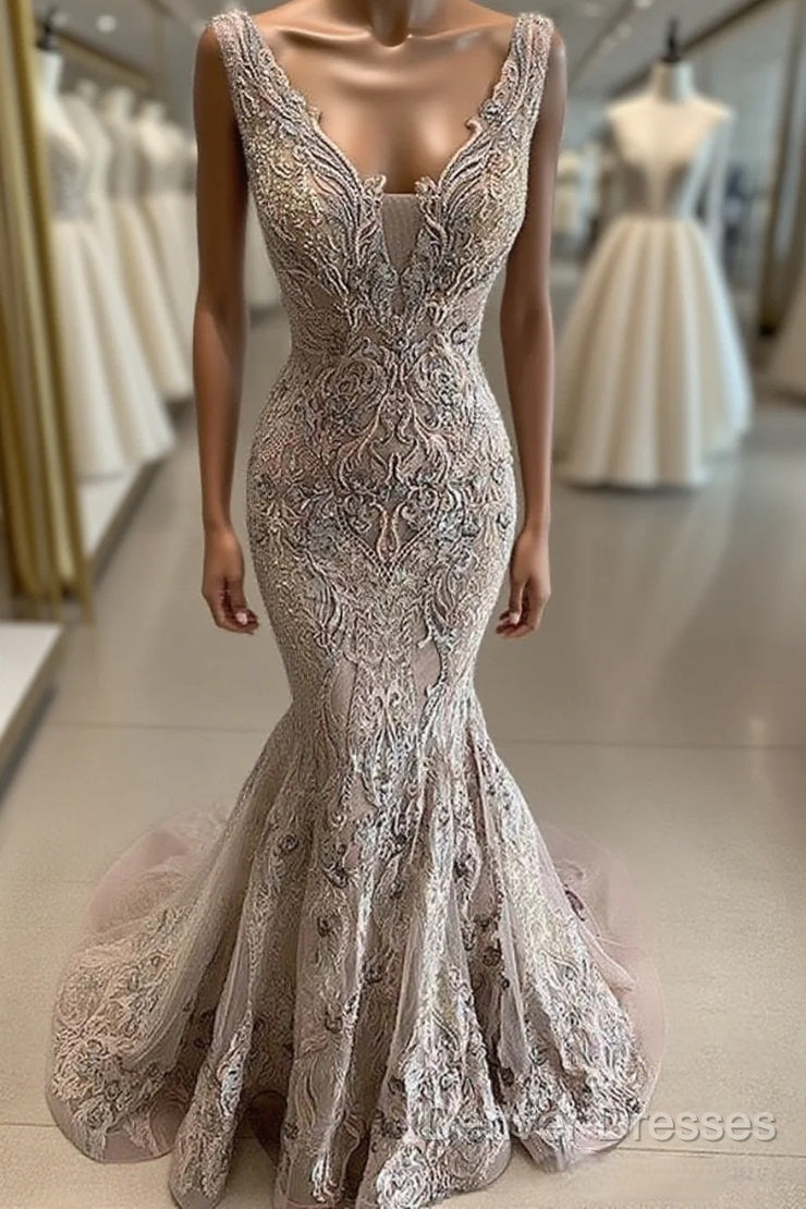 Lace Beaded Sexy African Dubai Evening Dress Mermaid Backless Prom Dress Deep V-Neck Formal Party Bridesmaid Pageant Gowns