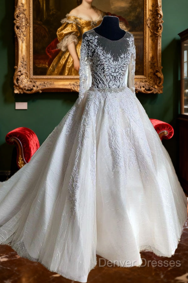 Lace Beaded Vintage Wedding Dress Long Sleeves Sheer Neck Bridal Dress Crystals Wedding Gowns Prom Dress Main image