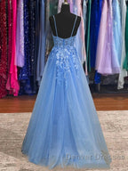 Lace Blue Prom Dress V Neck Long Formal Dress Open Back