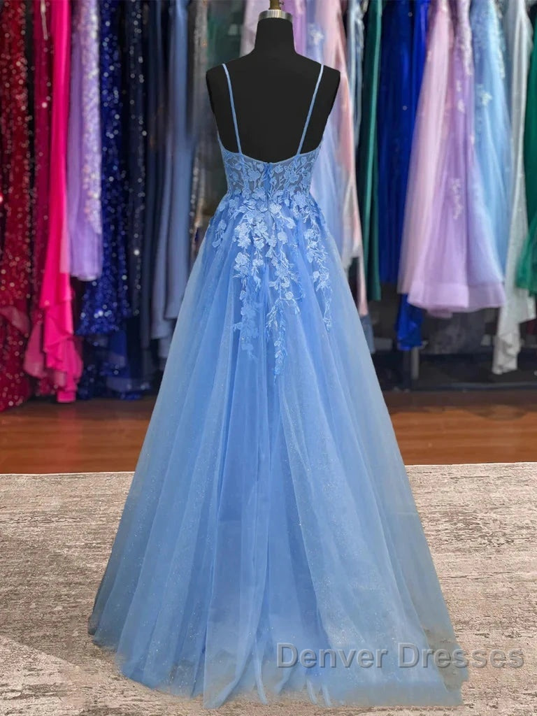 Lace Blue Prom Dress V Neck Long Formal Dress Open Back