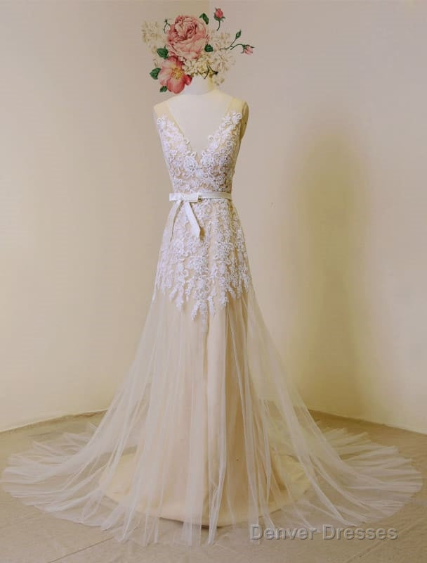 Lace Boho Wedding Dress Fleshcolor Tulle Bridal Gown Backless A-Line Court Train Beach Wedding Dress With Detachable Satin Sash Main image